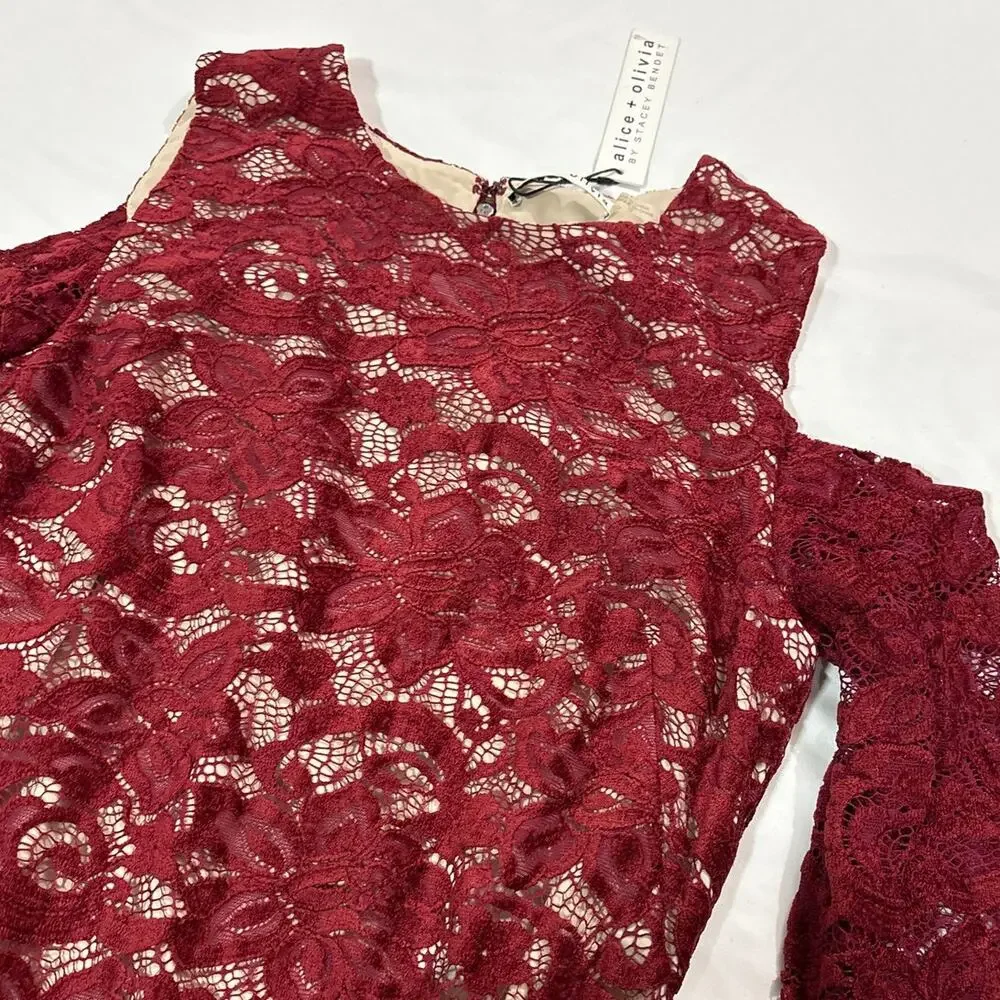 NWT Alice + Olivia Womens 12 Laila Cold Shoulder Floral Lace Sheath Dress Party - Picture 4 of 12
